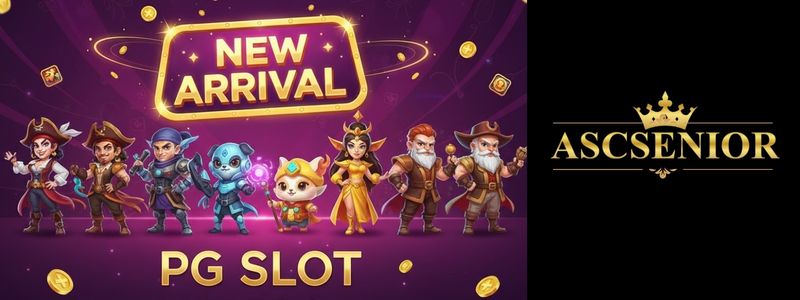 แบนเนอร์เปิดตัวเกม PG SLOT ใหม่ ล่าสุด มีป้าย New Arrival และตัวละครเกมใหม่ๆ ยืนเรียงกัน