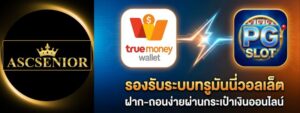ไอคอน True Money Wallet คู่กับโลโก้ PG SLOT แสดงการรองรับระบบกระเป๋าเงินออนไลน์